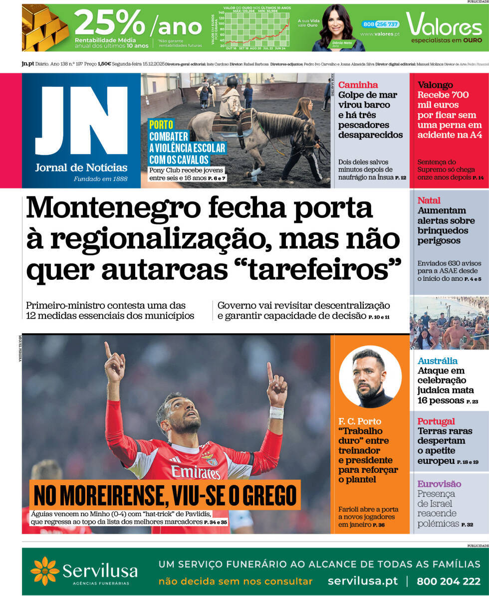 Jornal de Not&iacute;cias: Capa da Edi&ccedil;&atilde;o de segunda-feira, 15 de dezembro 2025