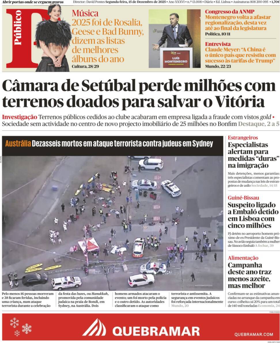 P&uacute;blico: Capa da Edi&ccedil;&atilde;o de segunda-feira, 15 de dezembro 2025