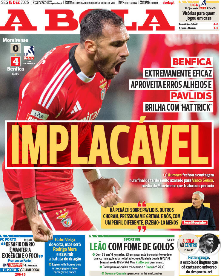A Bola: Capa da Edi&ccedil;&atilde;o de segunda-feira, 15 de dezembro 2025