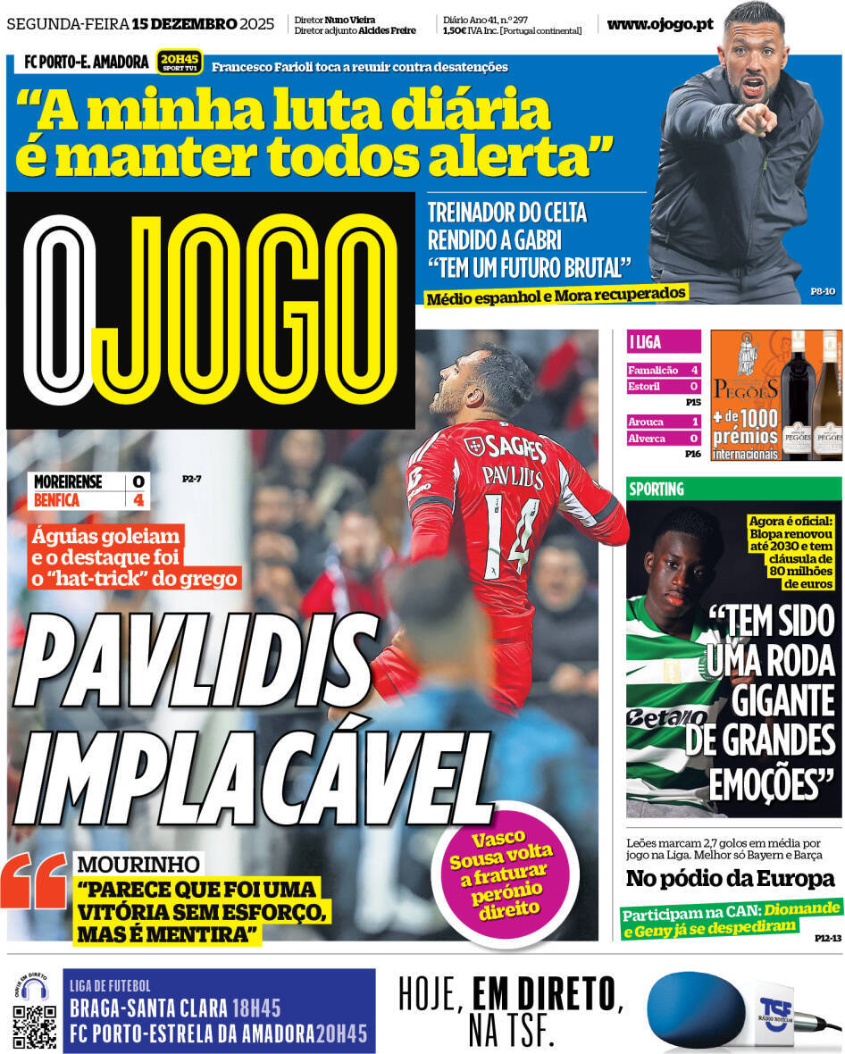 O Jogo: Capa da Edi&ccedil;&atilde;o de segunda-feira, 15 de dezembro 2025