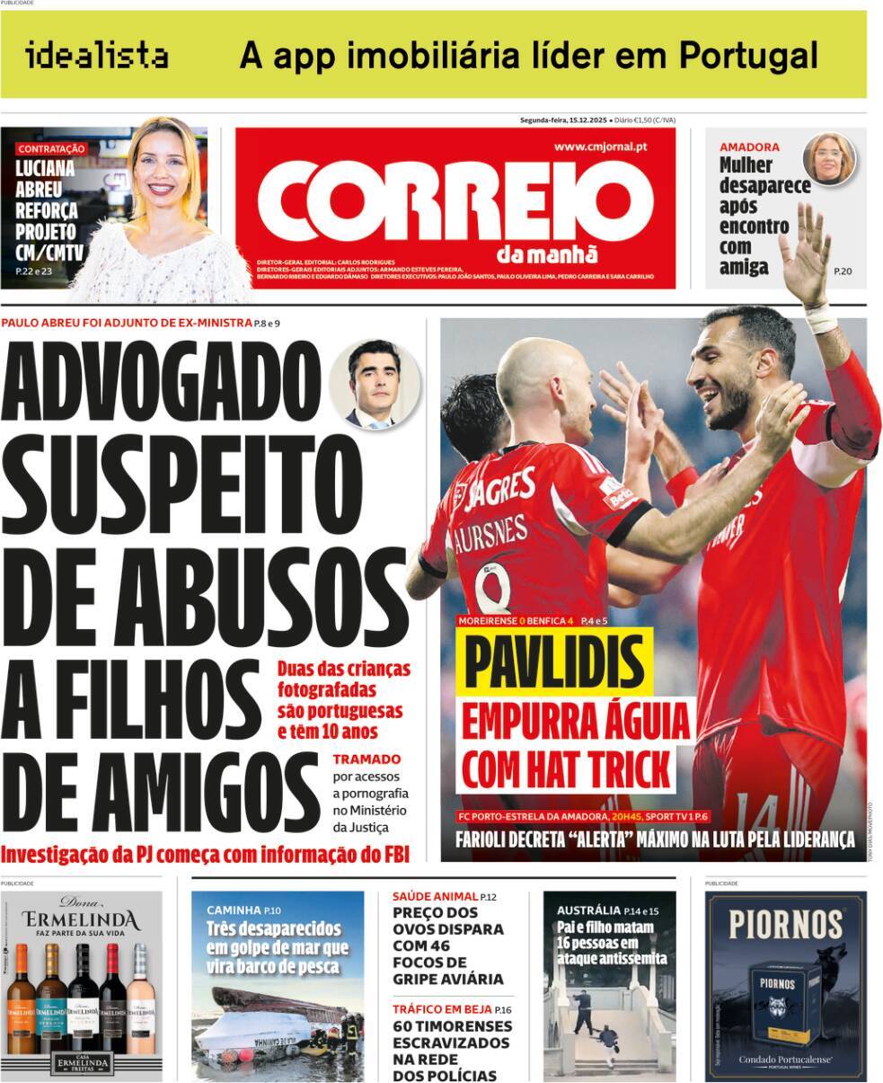 Correio da Manh&atilde;: Capa da Edi&ccedil;&atilde;o de segunda-feira, 15 de dezembro 2025