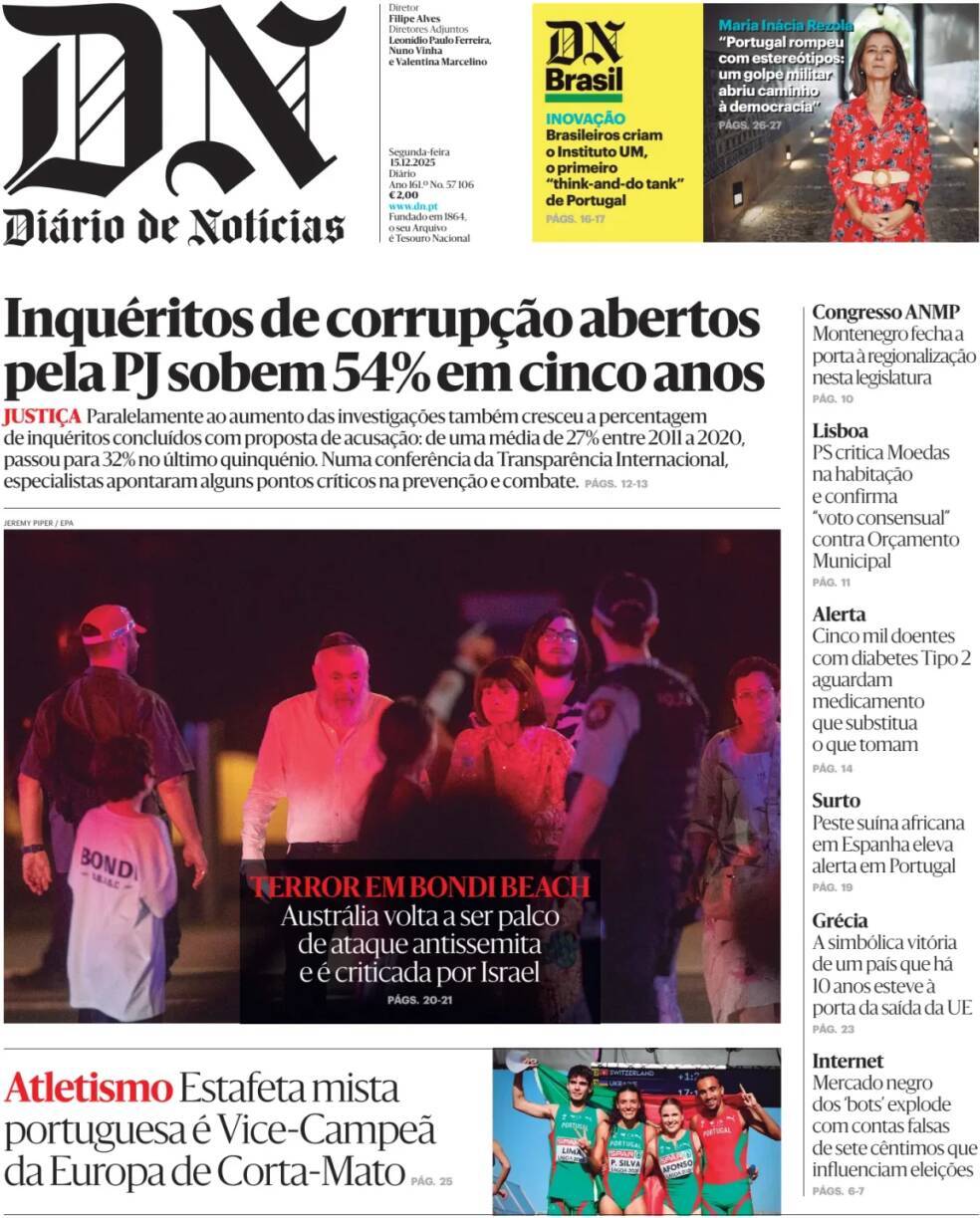 Di&aacute;rio de Not&iacute;cias: Capa da Edi&ccedil;&atilde;o de segunda-feira, 15 de dezembro 2025