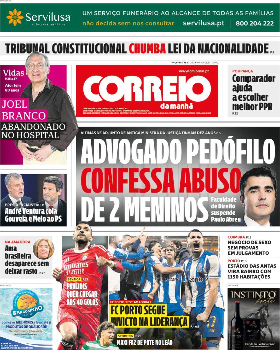 Correio da Manh&atilde;: Capa da Edi&ccedil;&atilde;o de ter&ccedil;a-feira, 16 de dezembro 2025