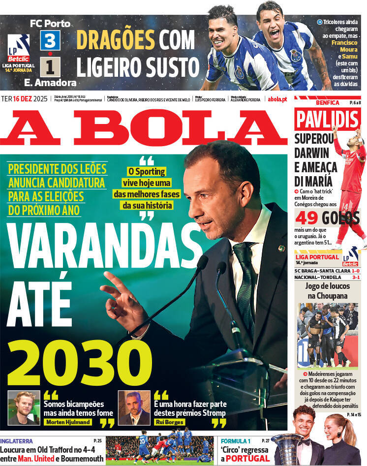 A Bola: Capa da Edi&ccedil;&atilde;o de ter&ccedil;a-feira, 16 de dezembro 2025