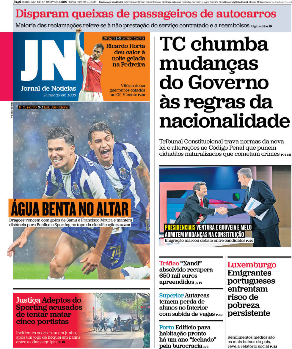 Jornal de Not&iacute;cias: Capa da Edi&ccedil;&atilde;o de ter&ccedil;a-feira, 16 de dezembro 2025