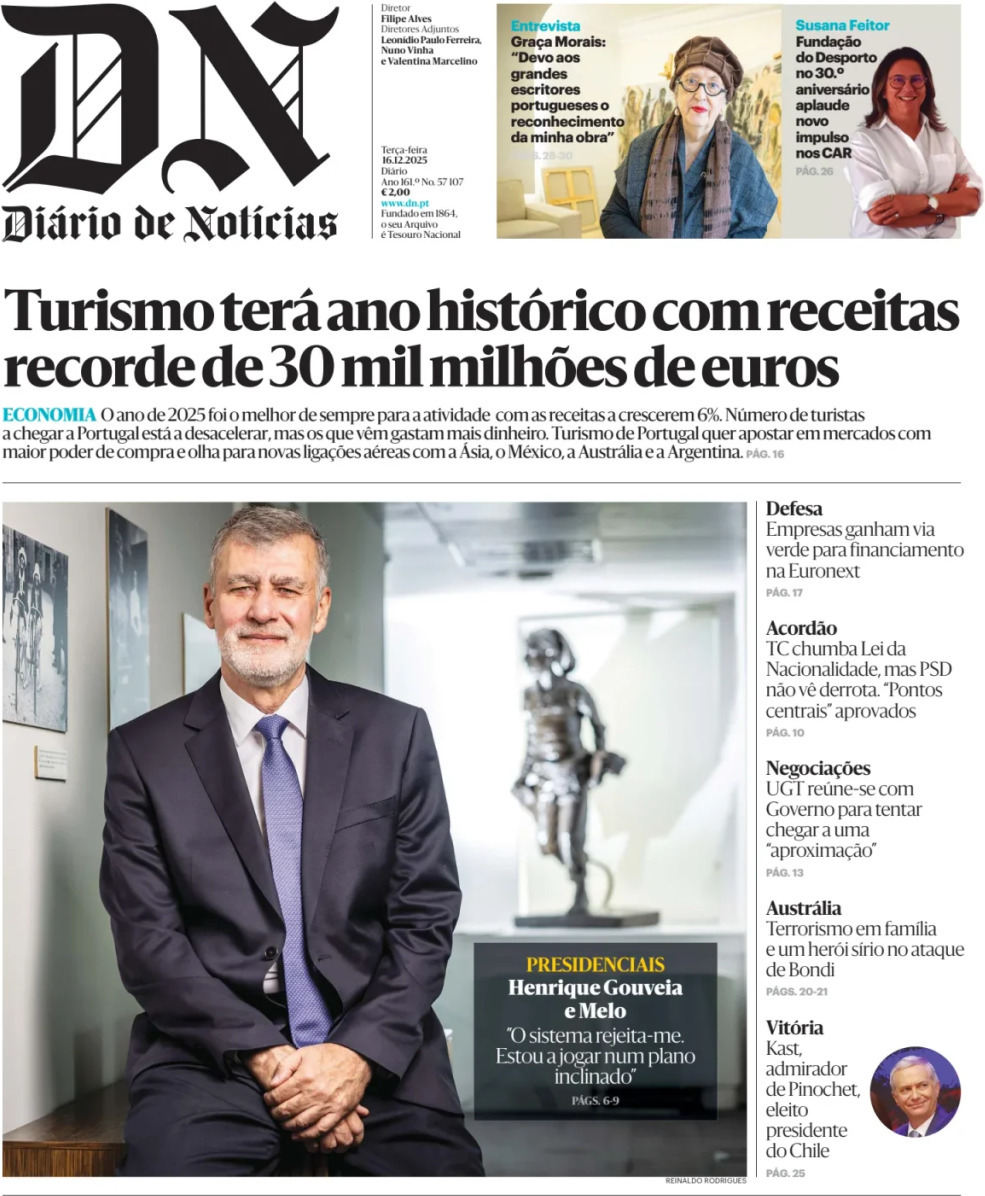 Di&aacute;rio de Not&iacute;cias: Capa da Edi&ccedil;&atilde;o de ter&ccedil;a-feira, 16 de dezembro 2025