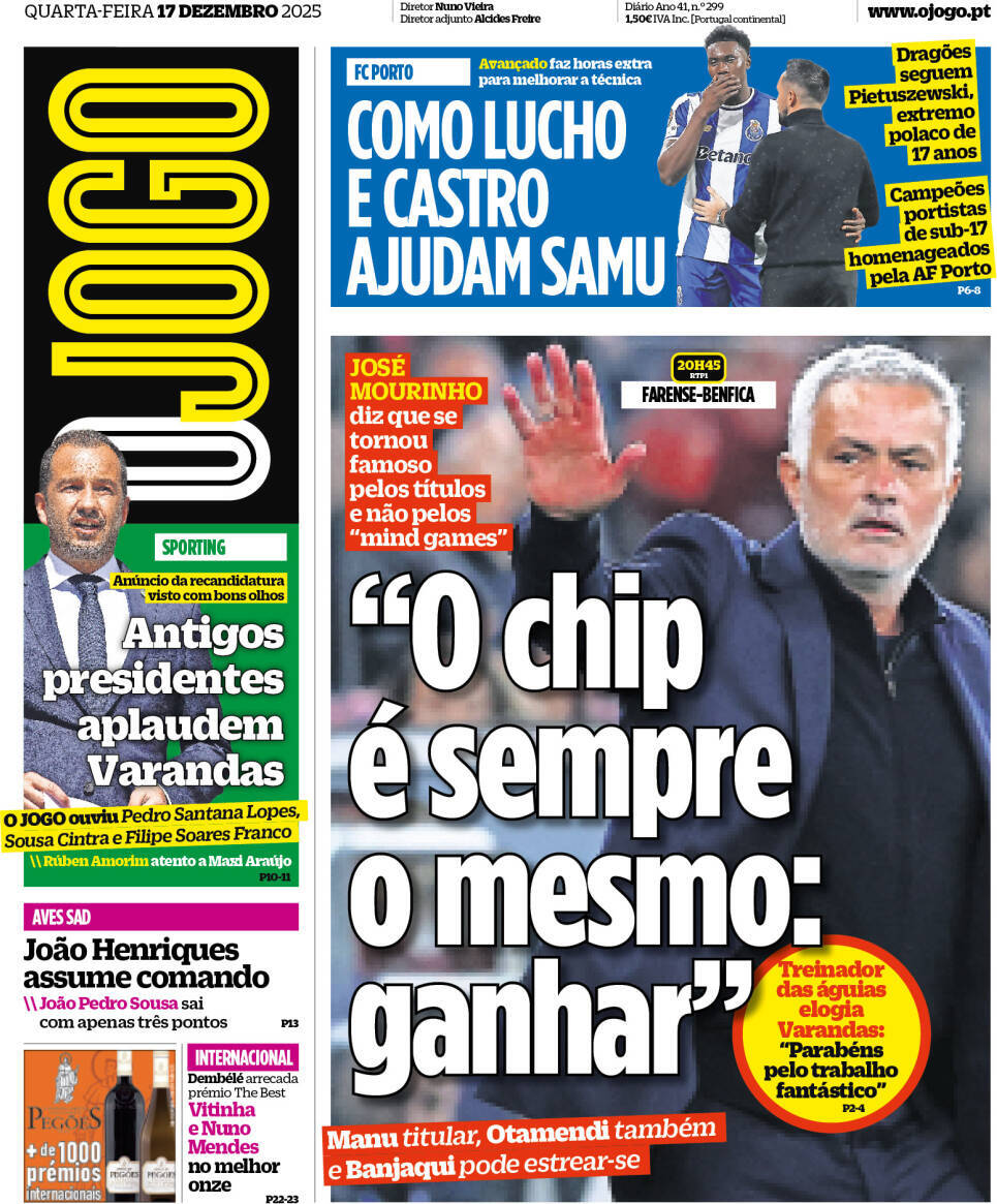 O Jogo: Capa da Edi&ccedil;&atilde;o de quarta-feira, 17 de dezembro 2025