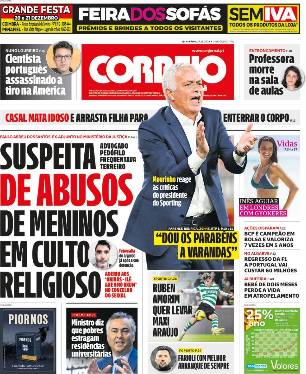 Correio da Manh&atilde;: Capa da Edi&ccedil;&atilde;o de quarta-feira, 17 de dezembro 2025