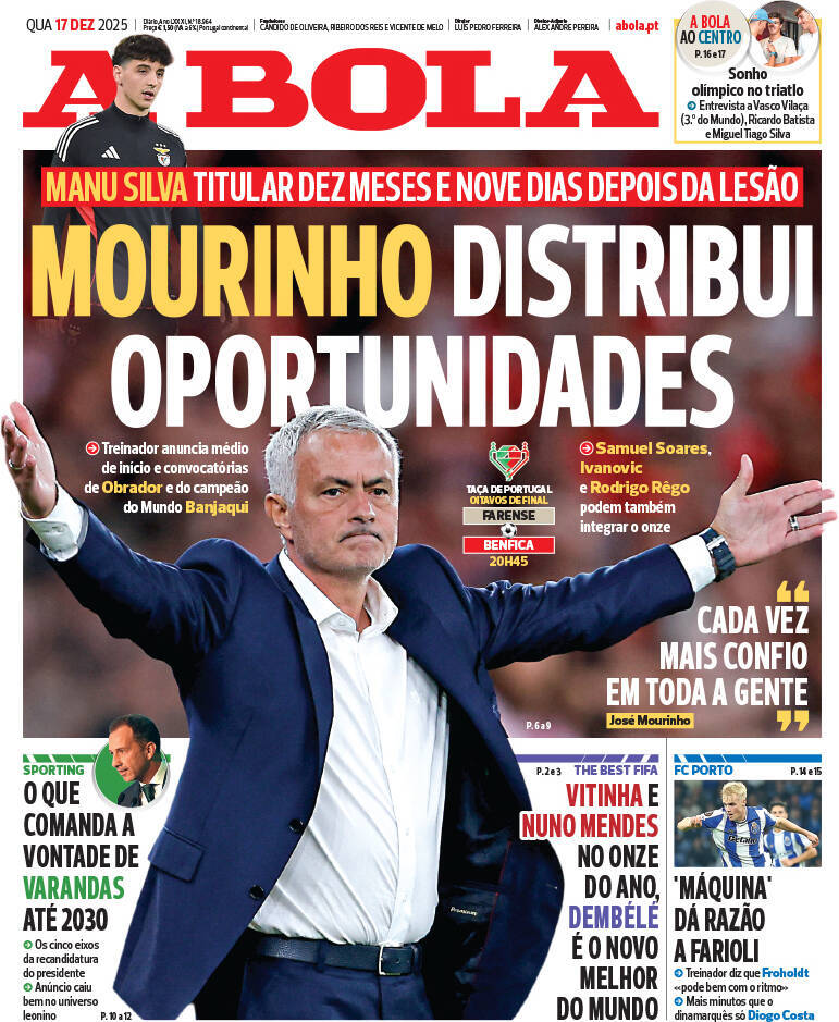 A Bola: Capa da Edi&ccedil;&atilde;o de quarta-feira, 17 de dezembro 2025