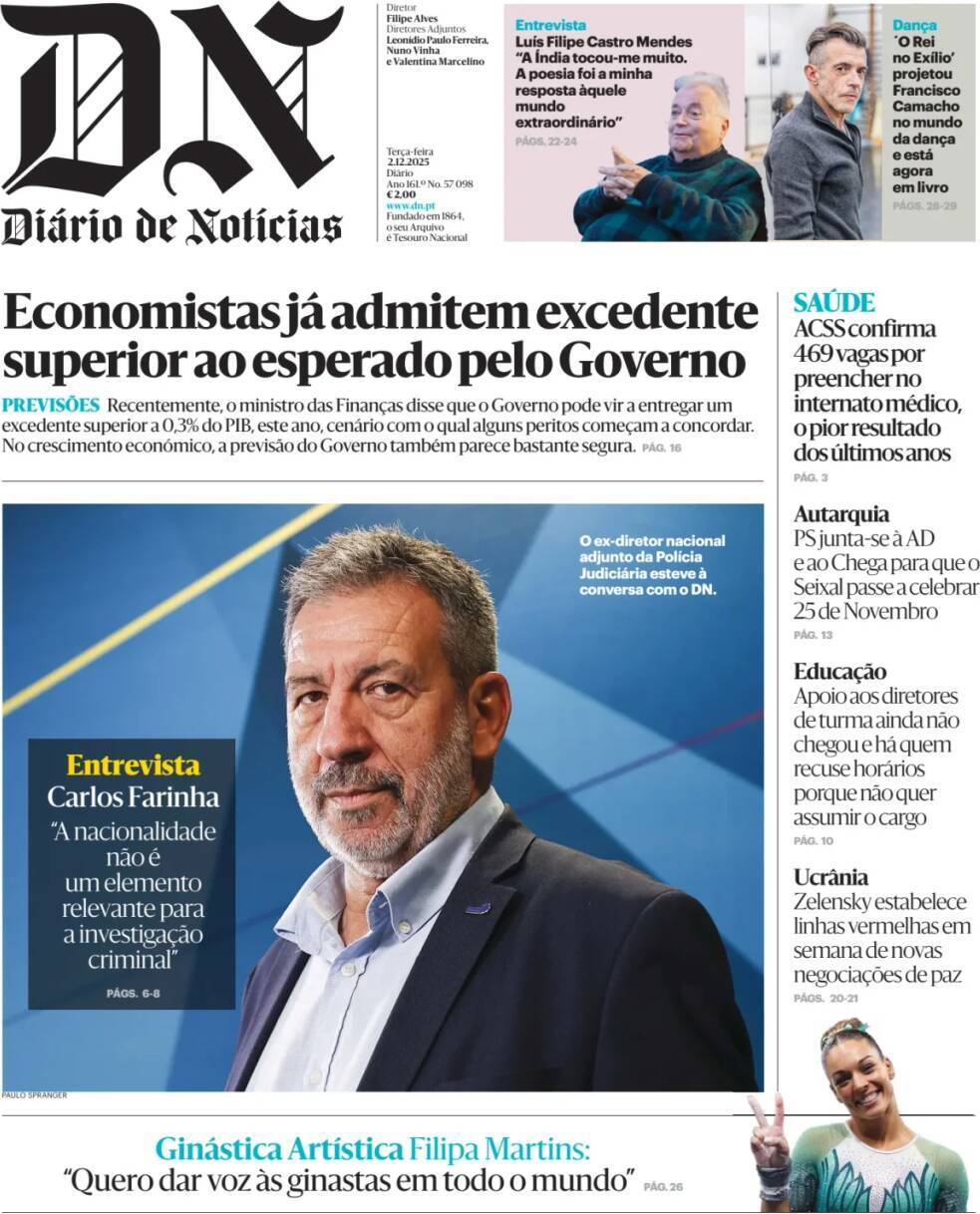 Di&aacute;rio de Not&iacute;cias: Capa da Edi&ccedil;&atilde;o de ter&ccedil;a-feira, 02 de dezembro 2025