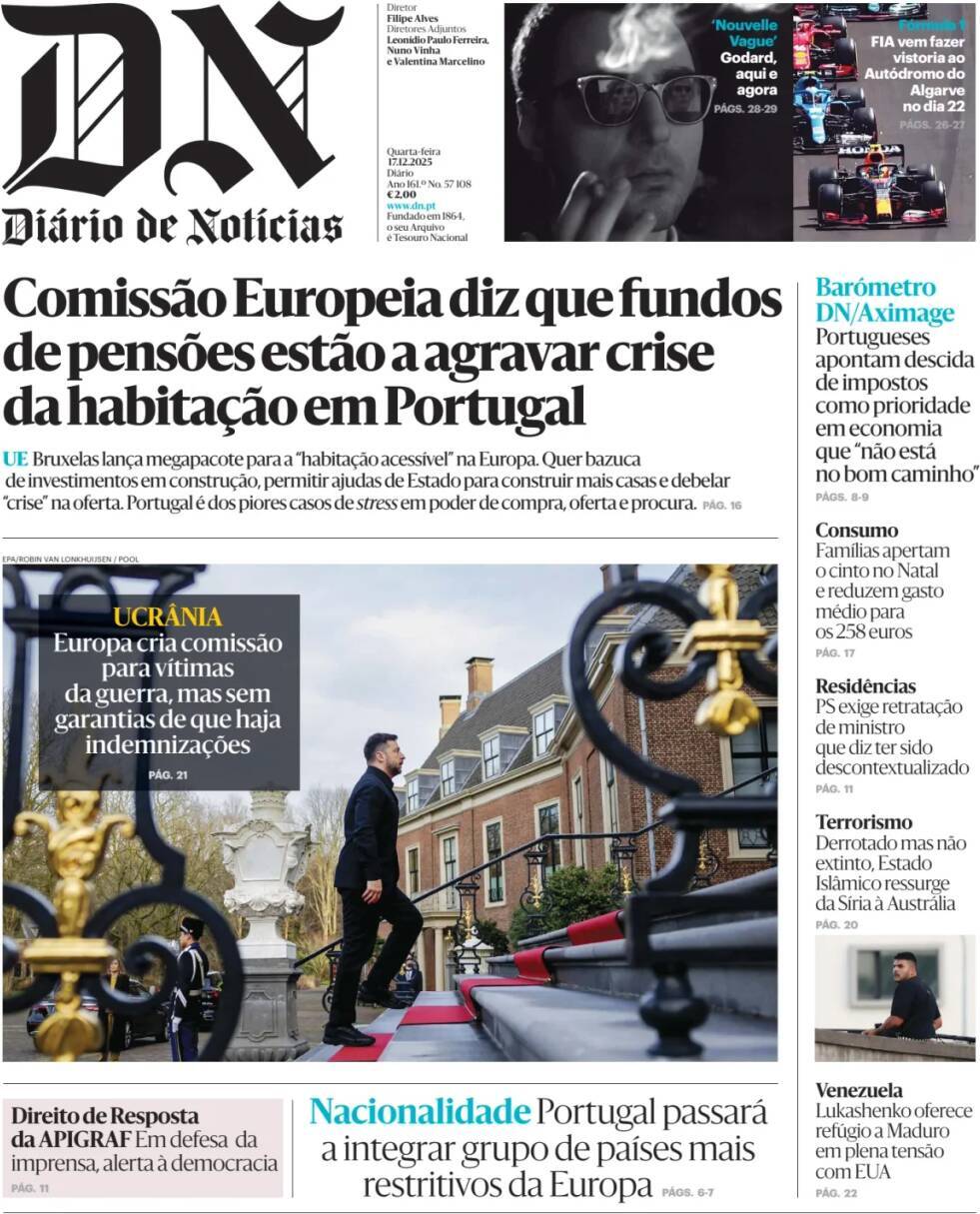 Di&aacute;rio de Not&iacute;cias: Capa da Edi&ccedil;&atilde;o de quarta-feira, 17 de dezembro 2025