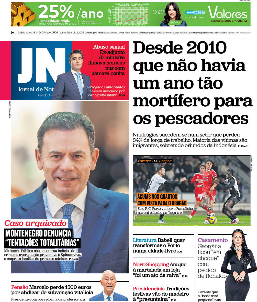Jornal de Not&iacute;cias: Capa da Edi&ccedil;&atilde;o de quinta-feira, 18 de dezembro 2025
