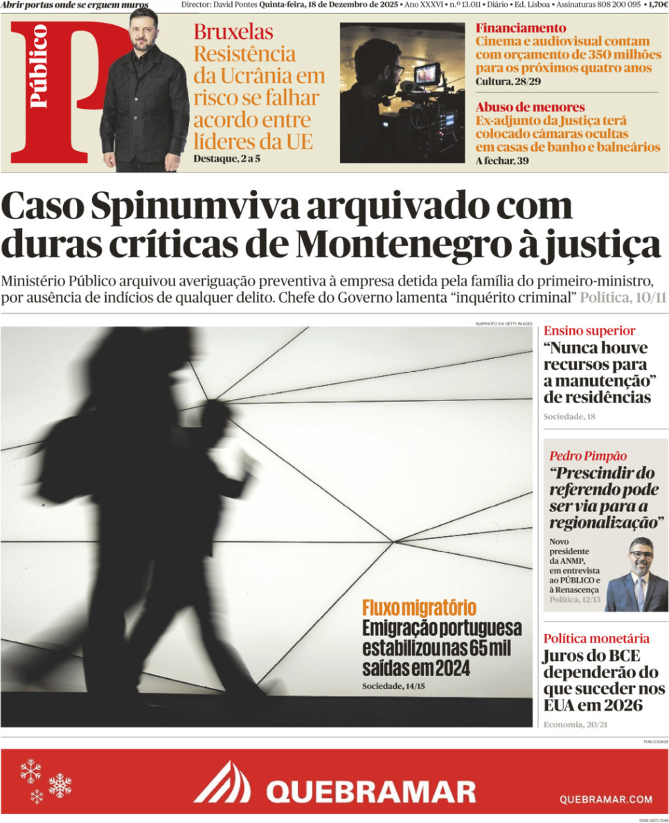 P&uacute;blico: Capa da Edi&ccedil;&atilde;o de quinta-feira, 18 de dezembro 2025
