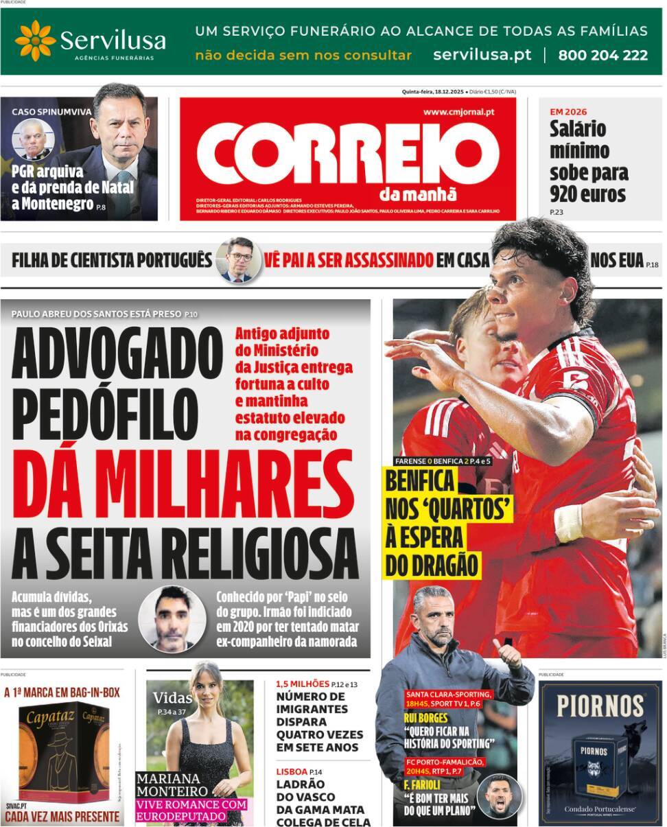 Correio da Manh&atilde;: Capa da Edi&ccedil;&atilde;o de quinta-feira, 18 de dezembro 2025