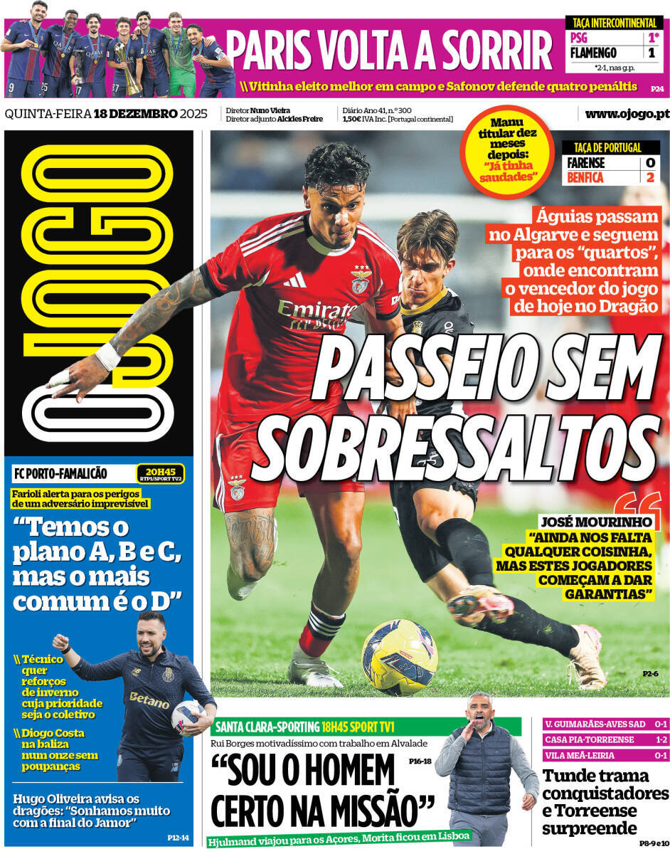 O Jogo: Capa da Edi&ccedil;&atilde;o de quinta-feira, 18 de dezembro 2025