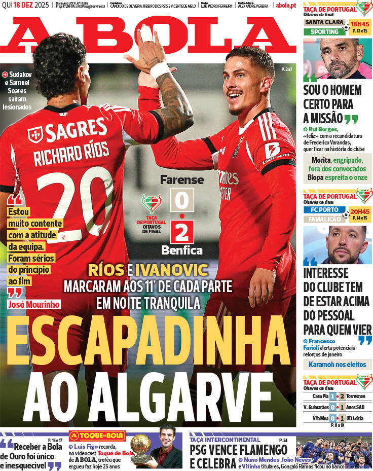 A Bola: Capa da Edi&ccedil;&atilde;o de quinta-feira, 18 de dezembro 2025