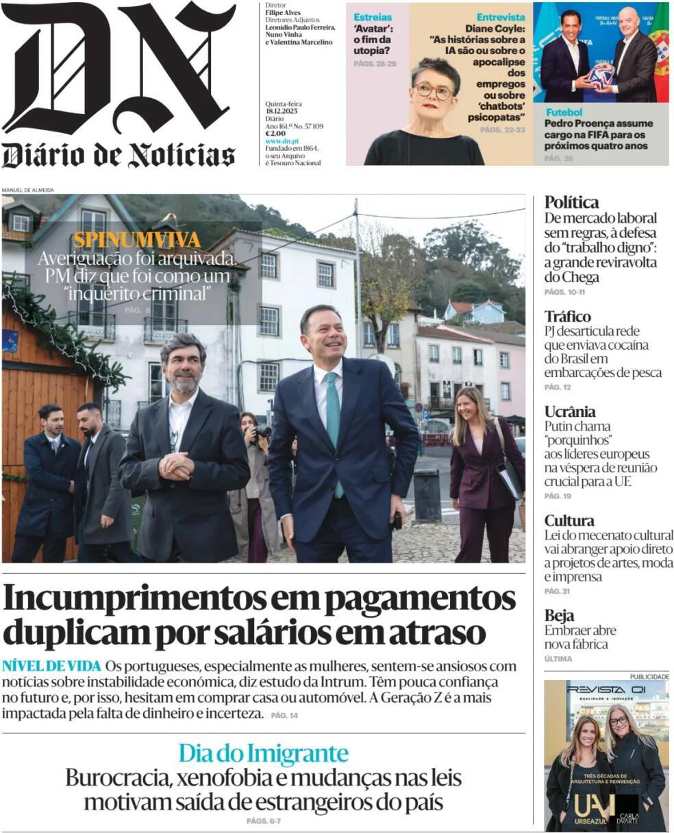 Di&aacute;rio de Not&iacute;cias: Capa da Edi&ccedil;&atilde;o de quinta-feira, 18 de dezembro 2025