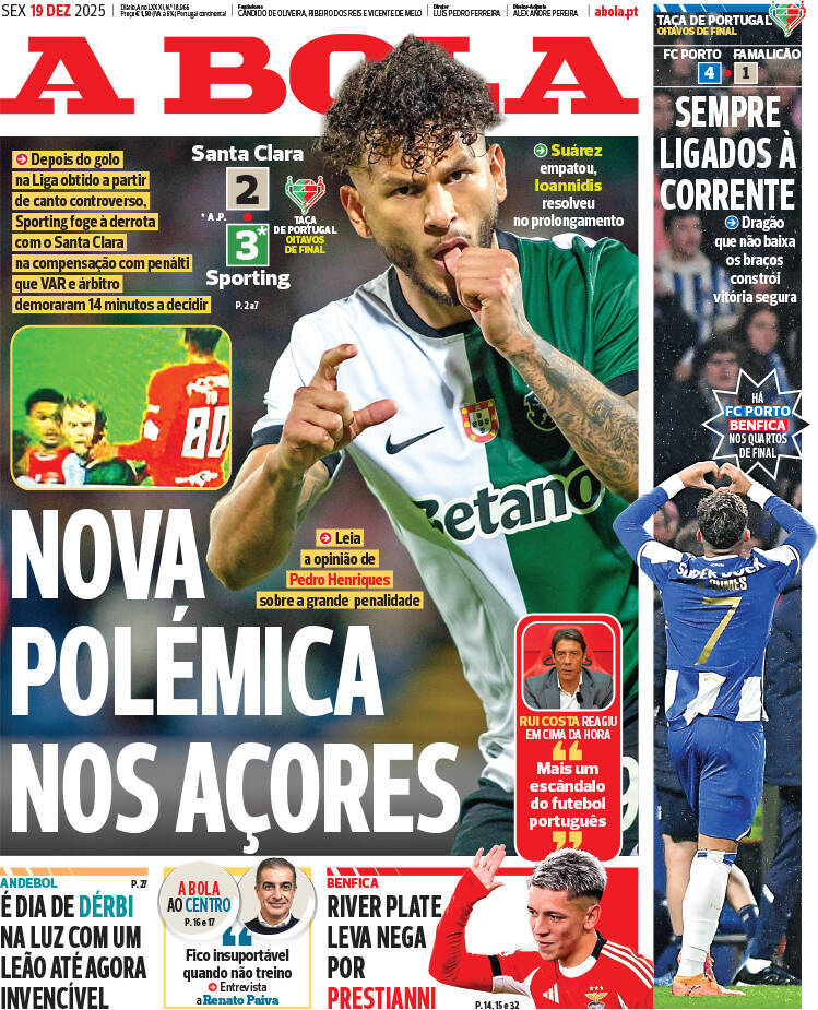A Bola: Capa da Edi&ccedil;&atilde;o de sexta-feira, 19 de dezembro 2025