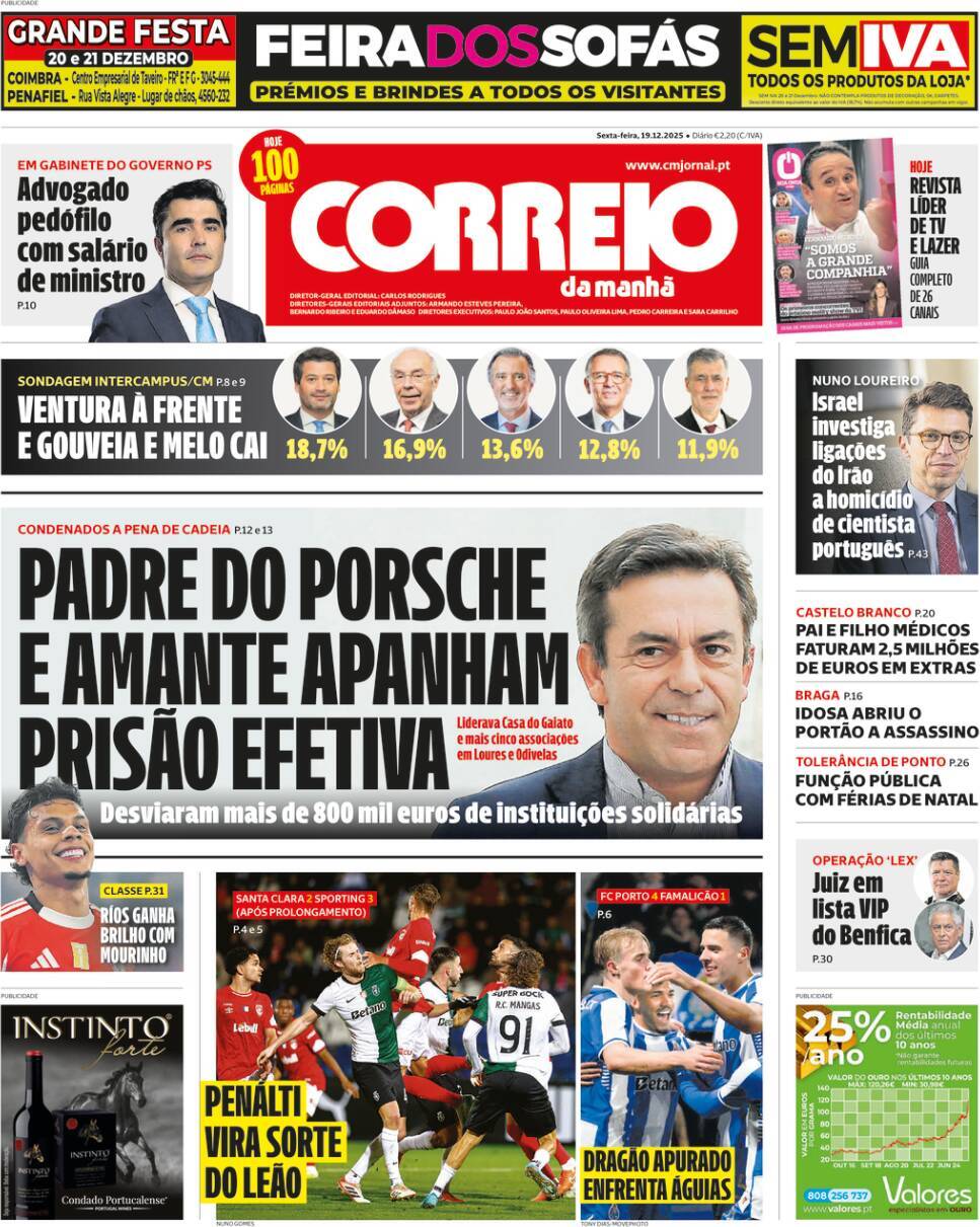 Correio da Manh&atilde;: Capa da Edi&ccedil;&atilde;o de sexta-feira, 19 de dezembro 2025