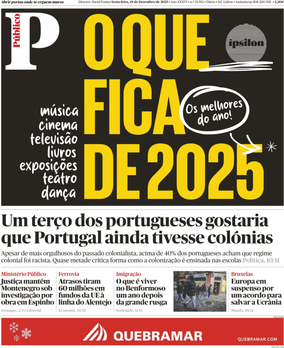 P&uacute;blico: Capa da Edi&ccedil;&atilde;o de sexta-feira, 19 de dezembro 2025