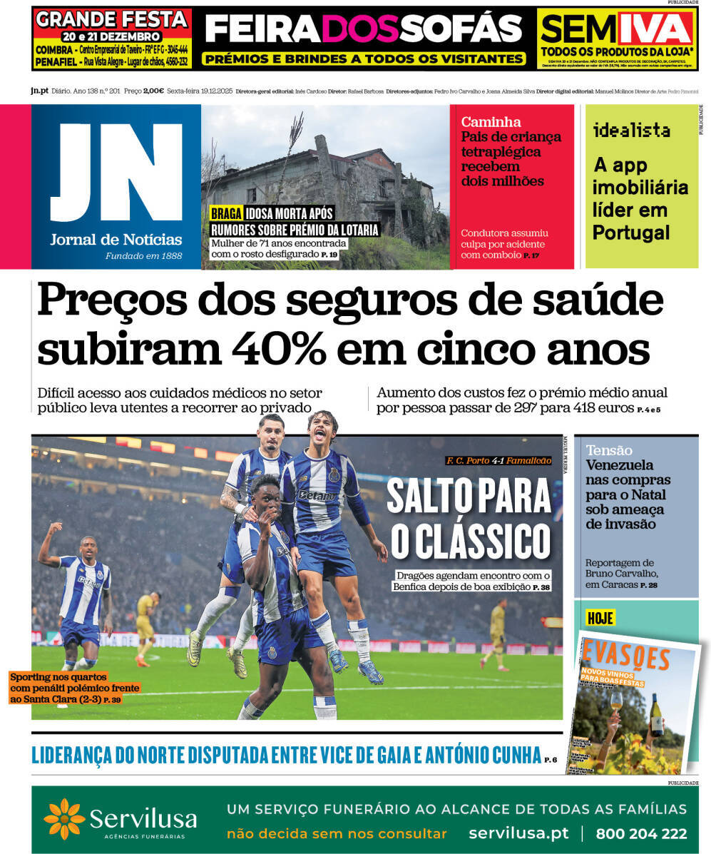 Jornal de Not&iacute;cias: Capa da Edi&ccedil;&atilde;o de sexta-feira, 19 de dezembro 2025