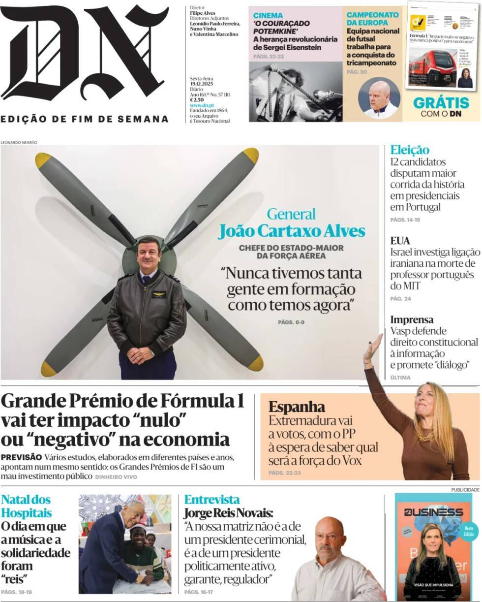 Di&aacute;rio de Not&iacute;cias: Capa da Edi&ccedil;&atilde;o de sexta-feira, 19 de dezembro 2025