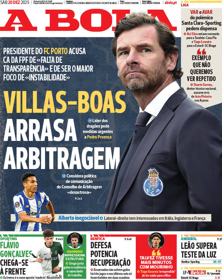 A Bola: Capa da Edi&ccedil;&atilde;o de s&aacute;bado, 20 de dezembro 2025