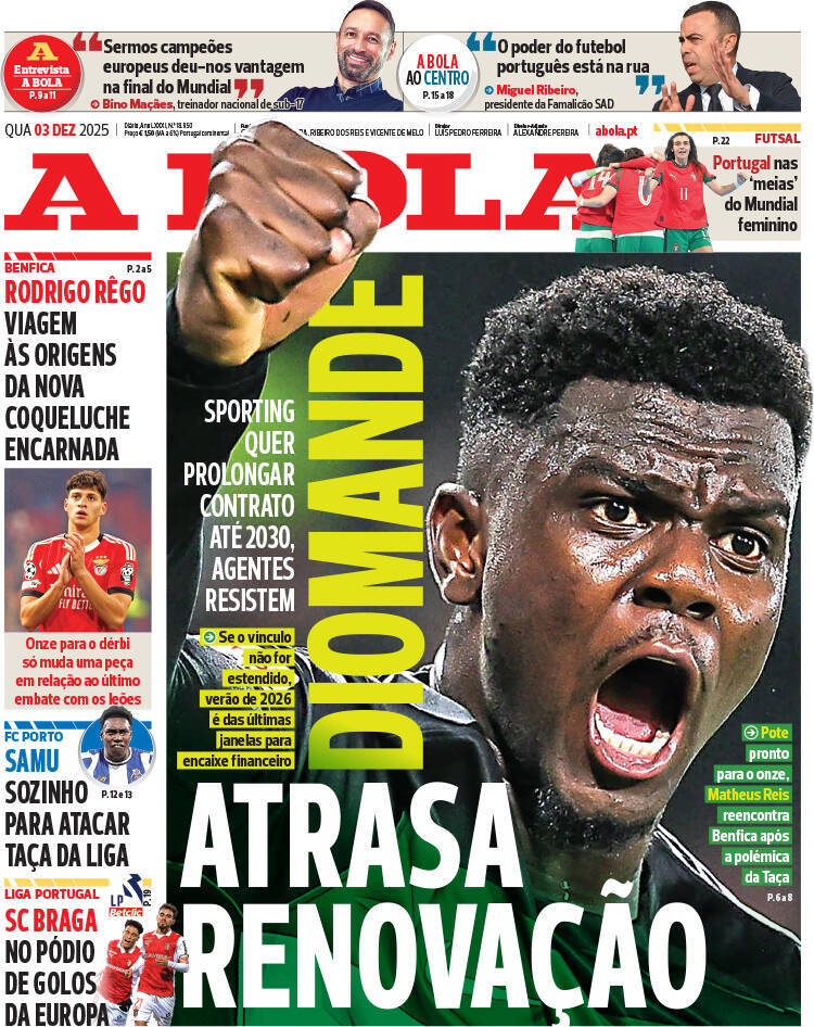 A Bola: Capa da Edi&ccedil;&atilde;o de quarta-feira, 03 de dezembro 2025