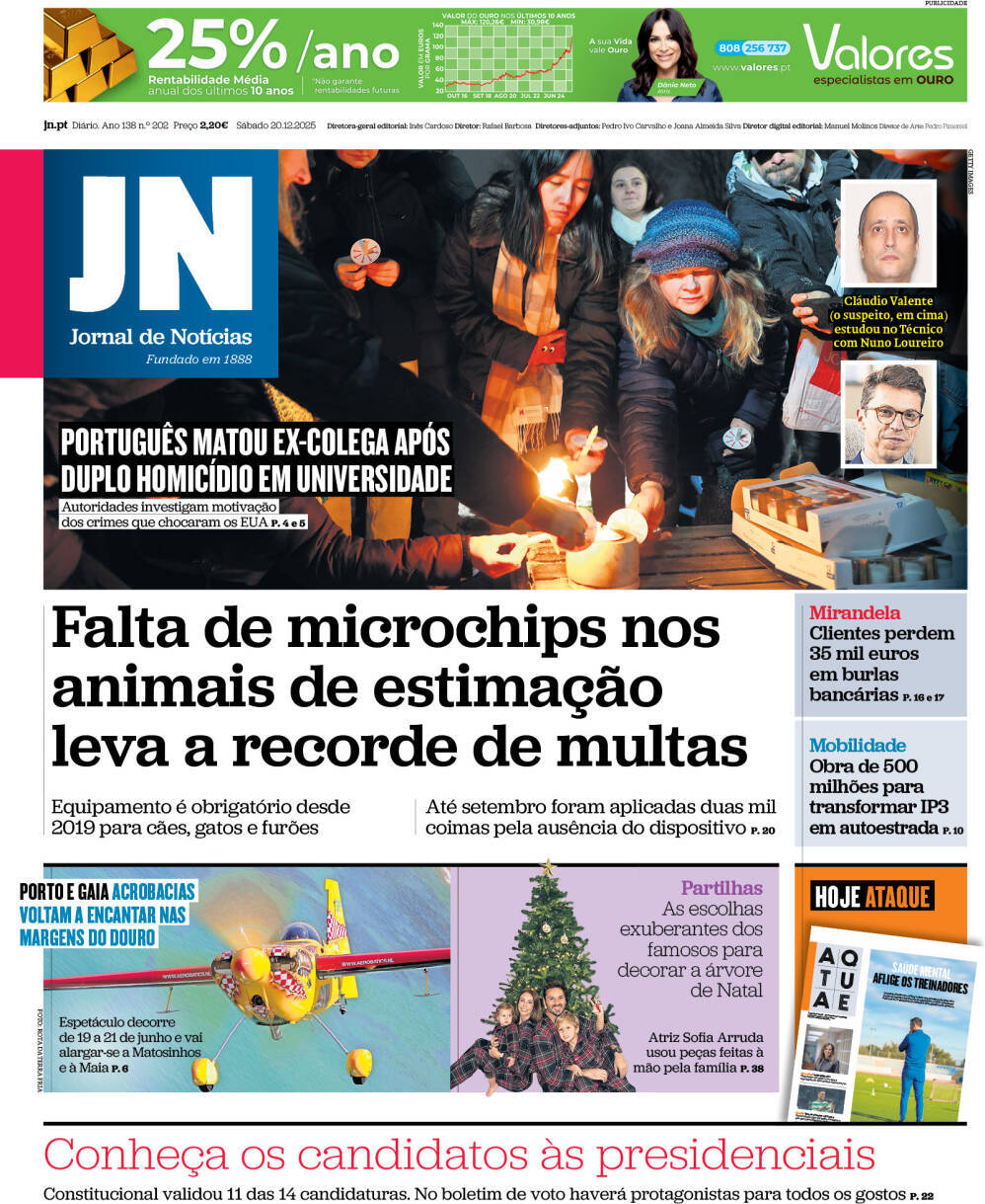 Jornal de Not&iacute;cias: Capa da Edi&ccedil;&atilde;o de s&aacute;bado, 20 de dezembro 2025
