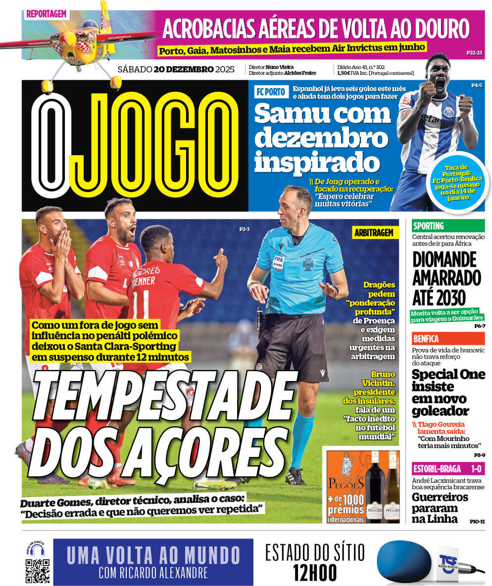 O Jogo: Capa da Edi&ccedil;&atilde;o de s&aacute;bado, 20 de dezembro 2025