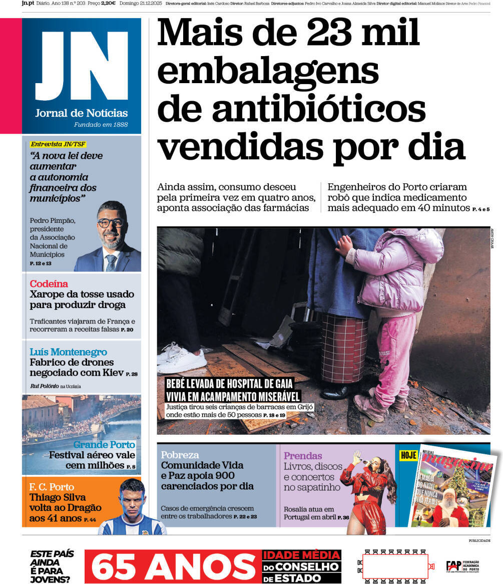 Jornal de Not&iacute;cias: Capa da Edi&ccedil;&atilde;o de domingo, 21 de dezembro 2025