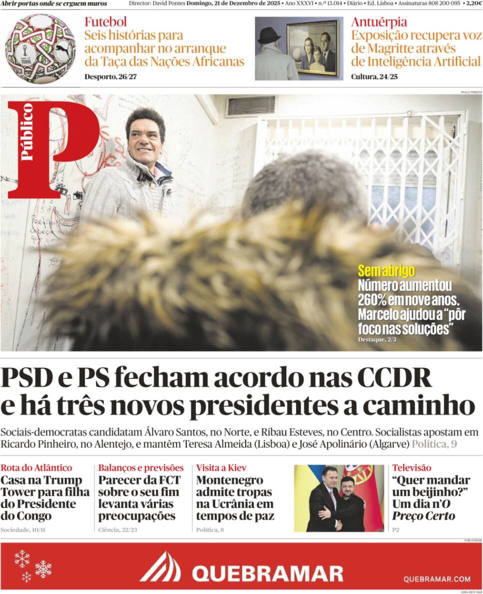 P&uacute;blico: Capa da Edi&ccedil;&atilde;o de domingo, 21 de dezembro 2025