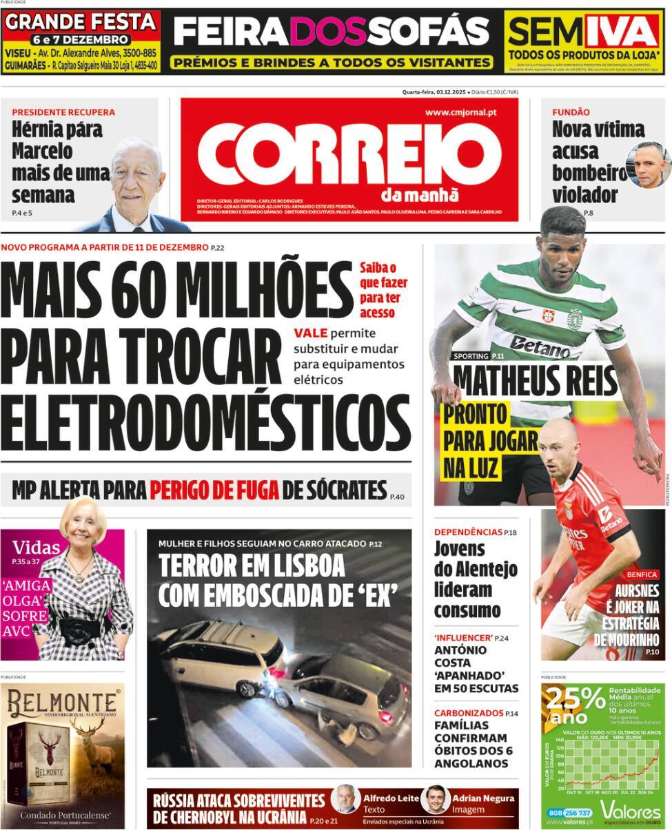 Correio da Manh&atilde;: Capa da Edi&ccedil;&atilde;o de quarta-feira, 03 de dezembro 2025
