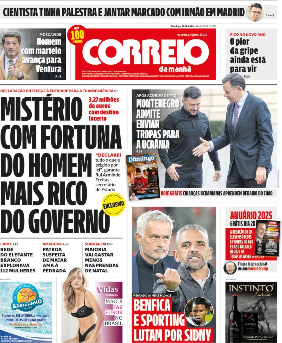 Correio da Manh&atilde;: Capa da Edi&ccedil;&atilde;o de domingo, 21 de dezembro 2025