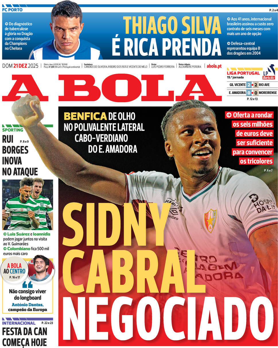 A Bola: Capa da Edi&ccedil;&atilde;o de domingo, 21 de dezembro 2025