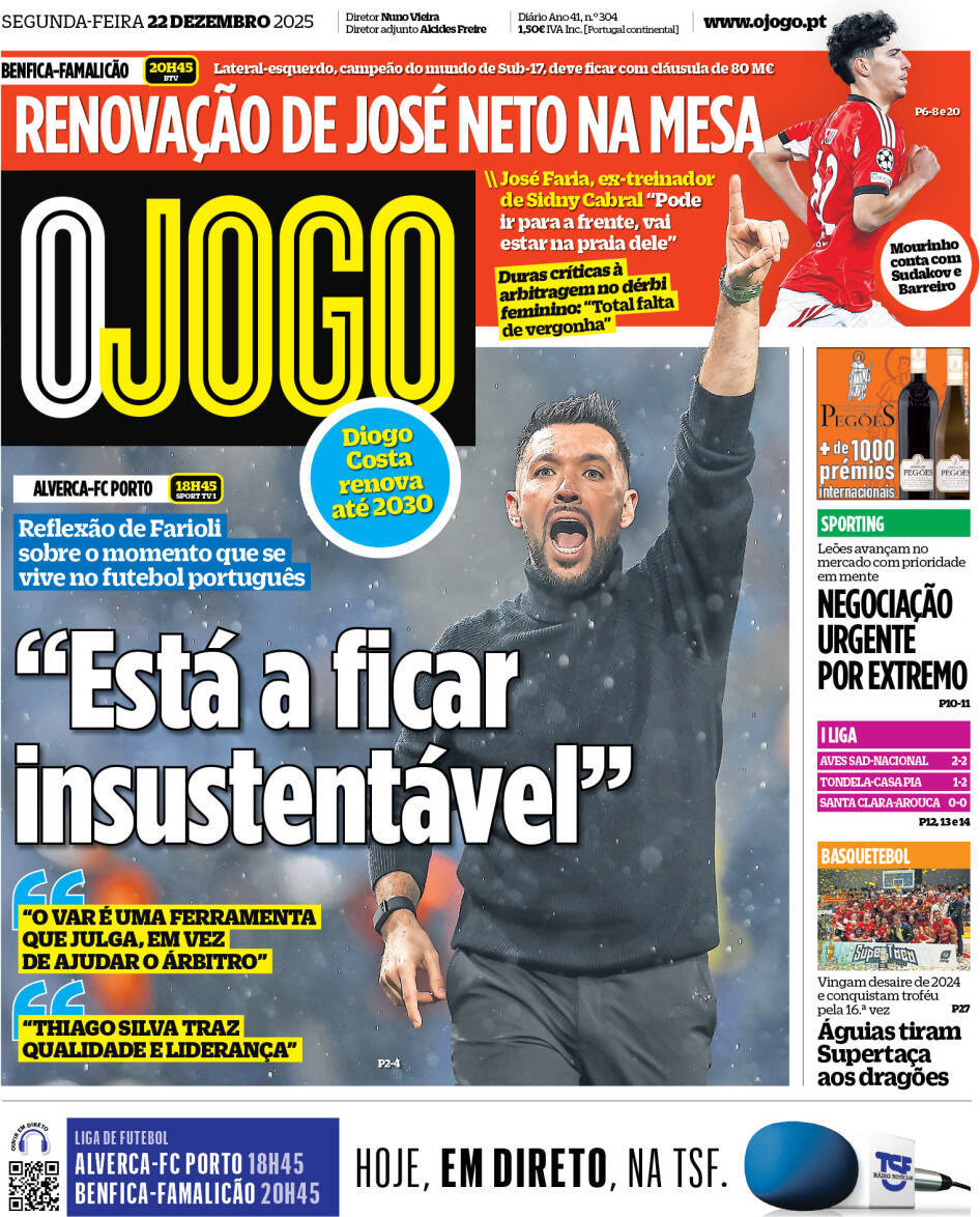 O Jogo: Capa da Edi&ccedil;&atilde;o de segunda-feira, 22 de dezembro 2025