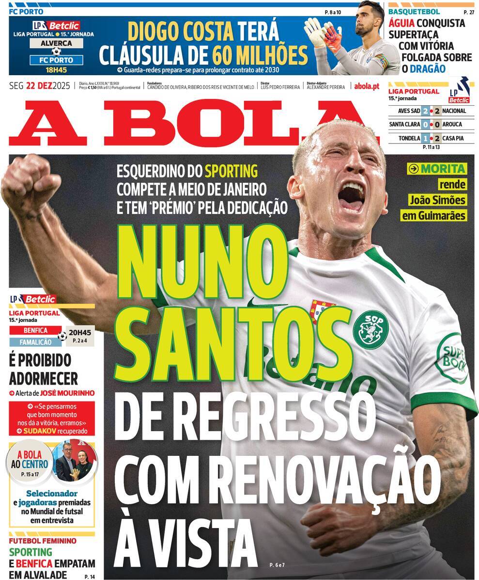 A Bola: Capa da Edi&ccedil;&atilde;o de segunda-feira, 22 de dezembro 2025