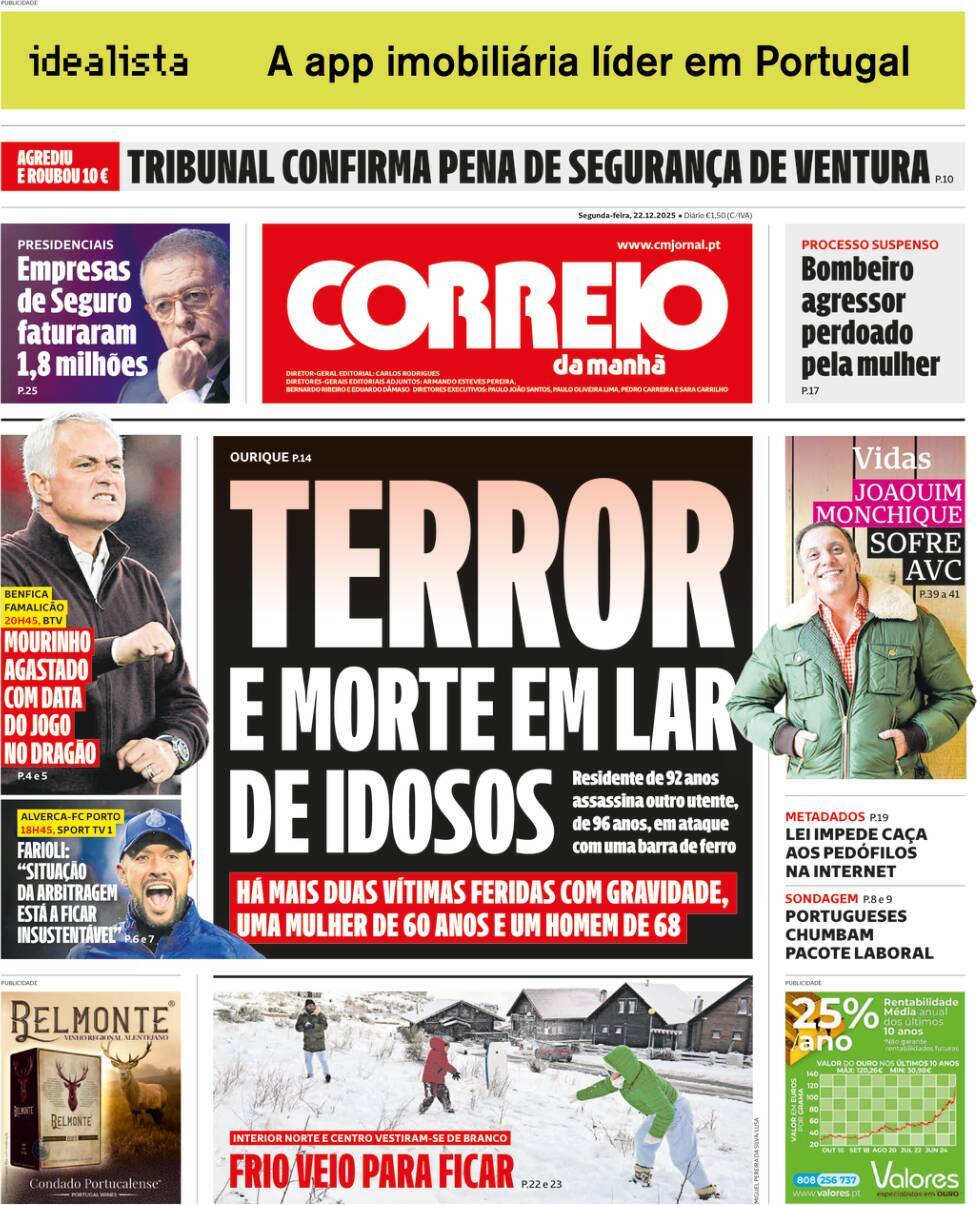 Correio da Manh&atilde;: Capa da Edi&ccedil;&atilde;o de segunda-feira, 22 de dezembro 2025