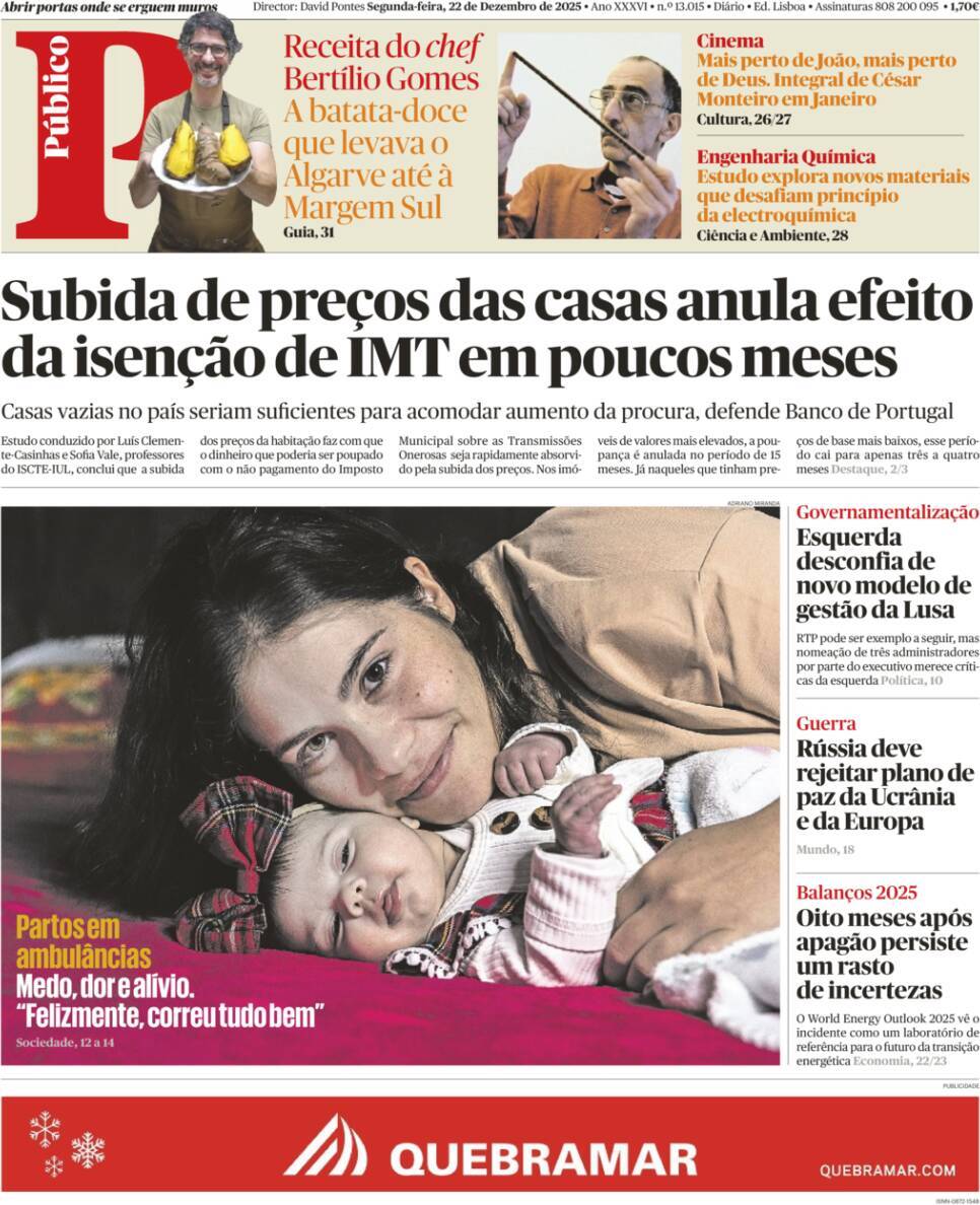P&uacute;blico: Capa da Edi&ccedil;&atilde;o de segunda-feira, 22 de dezembro 2025
