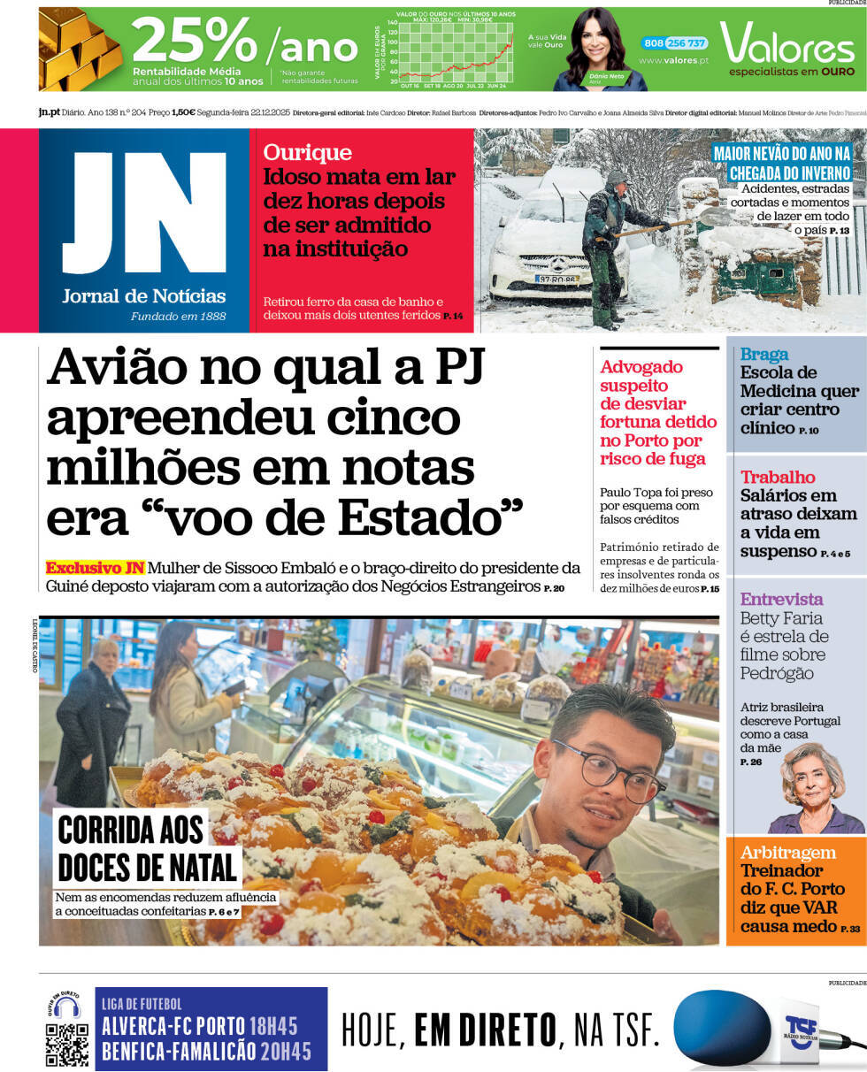 Jornal de Not&iacute;cias: Capa da Edi&ccedil;&atilde;o de segunda-feira, 22 de dezembro 2025