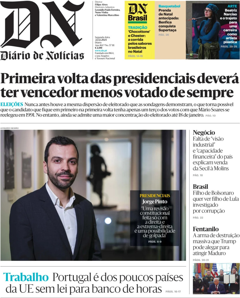 Di&aacute;rio de Not&iacute;cias: Capa da Edi&ccedil;&atilde;o de segunda-feira, 22 de dezembro 2025