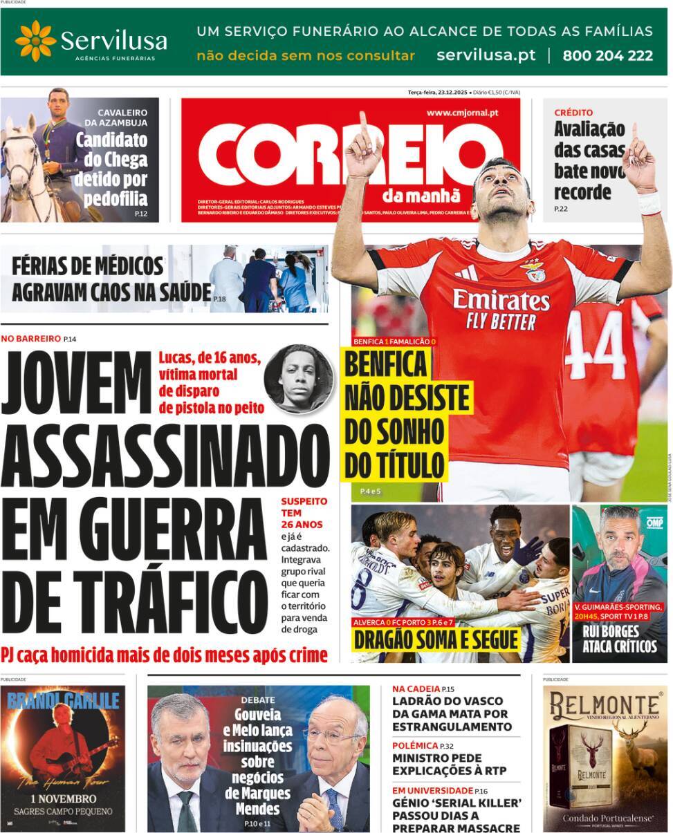 Correio da Manh&atilde;: Capa da Edi&ccedil;&atilde;o de ter&ccedil;a-feira, 23 de dezembro 2025
