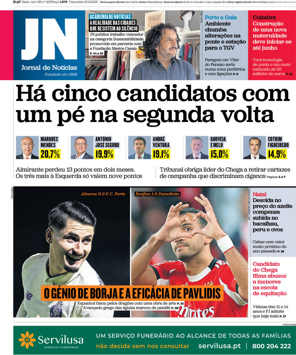 Jornal de Not&iacute;cias: Capa da Edi&ccedil;&atilde;o de ter&ccedil;a-feira, 23 de dezembro 2025