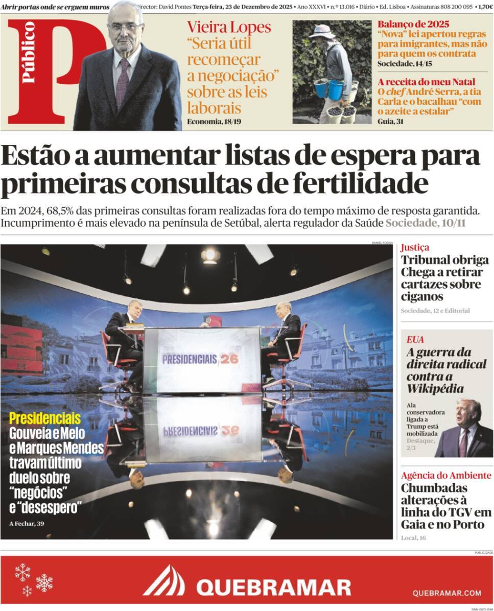 P&uacute;blico: Capa da Edi&ccedil;&atilde;o de ter&ccedil;a-feira, 23 de dezembro 2025
