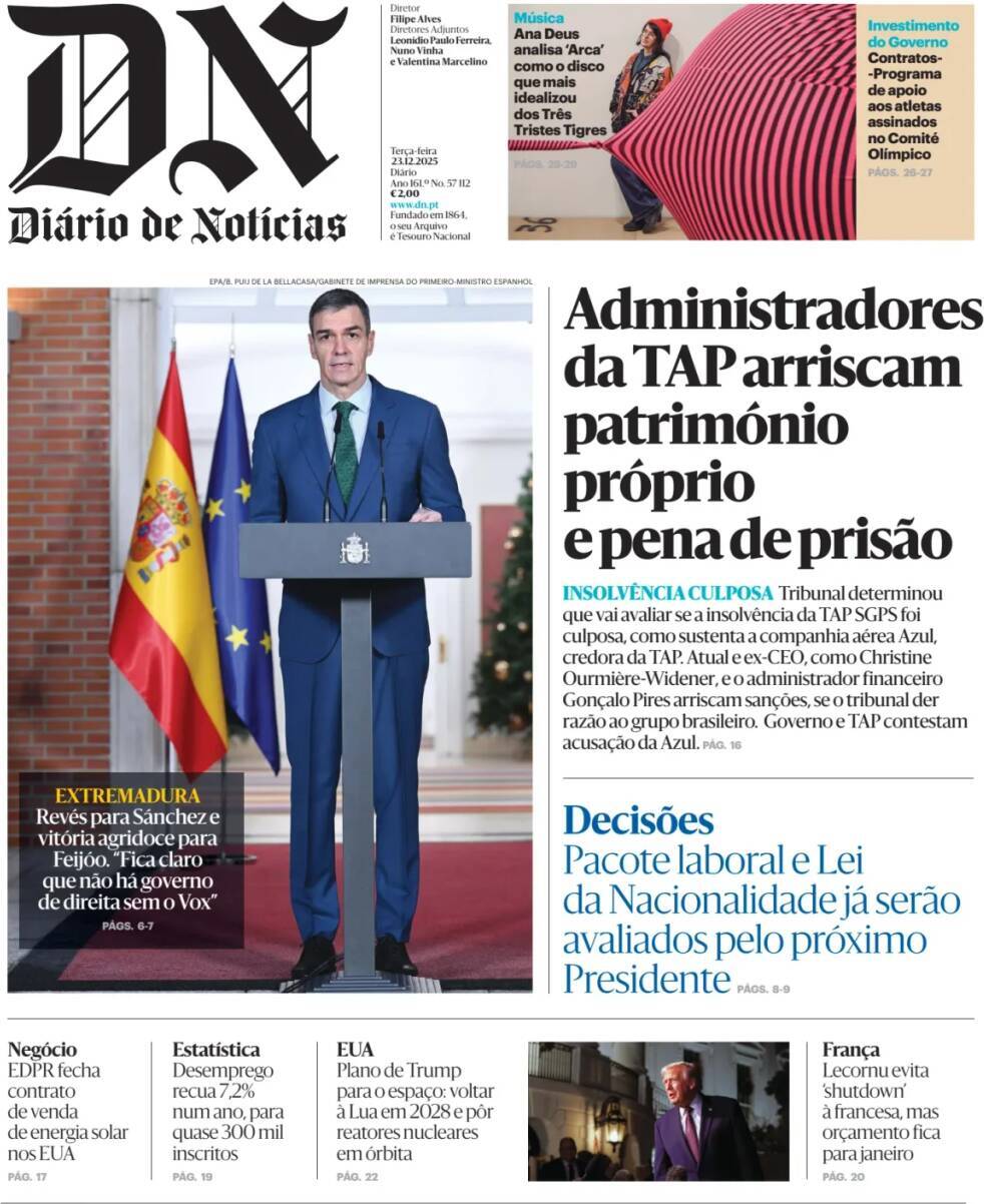 Di&aacute;rio de Not&iacute;cias: Capa da Edi&ccedil;&atilde;o de ter&ccedil;a-feira, 23 de dezembro 2025