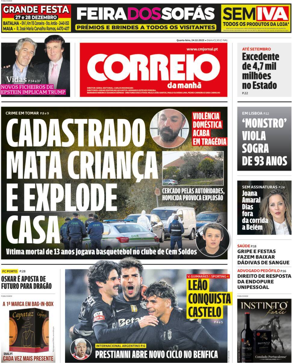 Correio da Manh&atilde;: Capa da Edi&ccedil;&atilde;o de quarta-feira, 24 de dezembro 2025