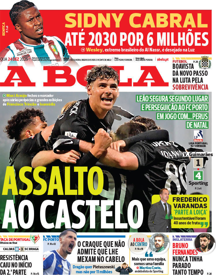A Bola: Capa da Edi&ccedil;&atilde;o de quarta-feira, 24 de dezembro 2025