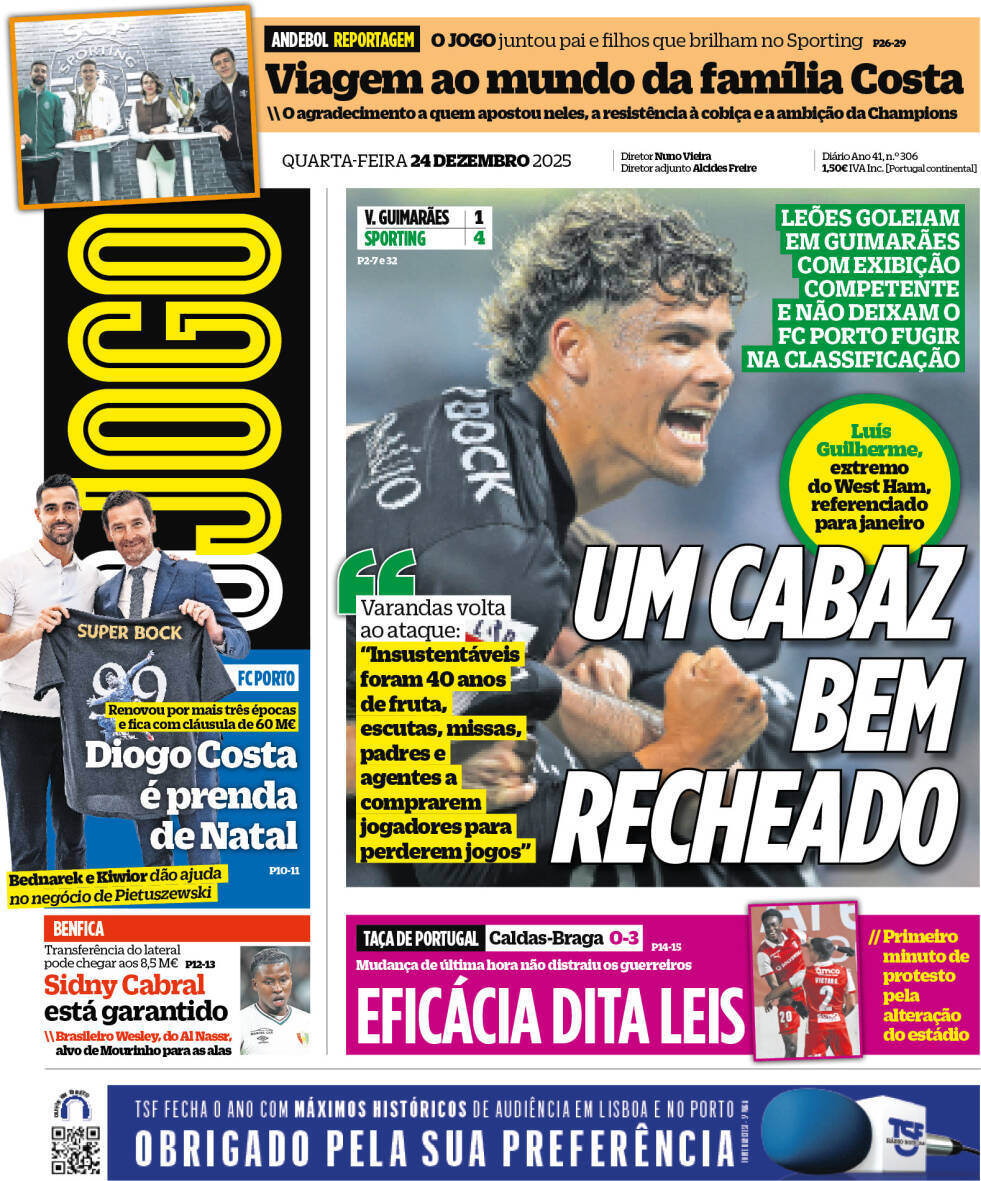 O Jogo: Capa da Edi&ccedil;&atilde;o de quarta-feira, 24 de dezembro 2025