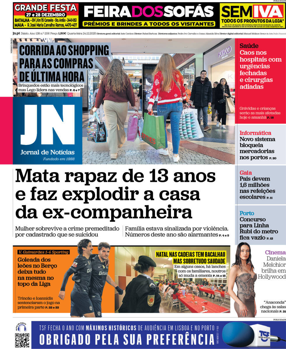 Jornal de Not&iacute;cias: Capa da Edi&ccedil;&atilde;o de quarta-feira, 24 de dezembro 2025
