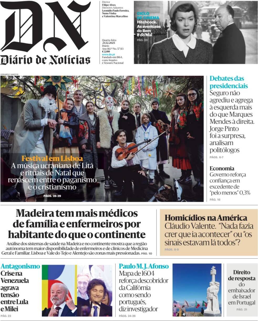 Di&aacute;rio de Not&iacute;cias: Capa da Edi&ccedil;&atilde;o de quarta-feira, 24 de dezembro 2025